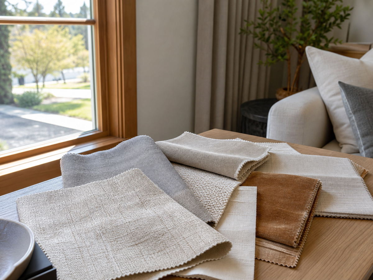 Curtain fabric swatches compared beside a bright living room window