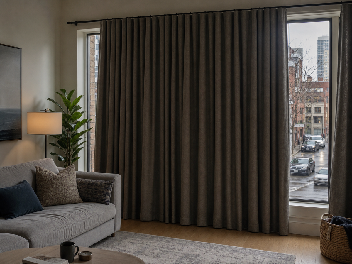 Dense floor-length curtains covering a street-facing living room window with city traffic visible at the sides