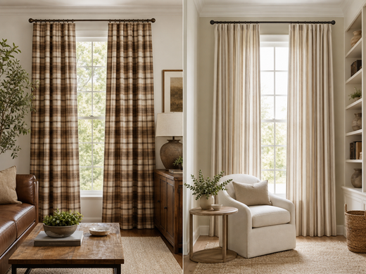 Plaid curtains and vertical striped curtains shown in two coordinated residential rooms