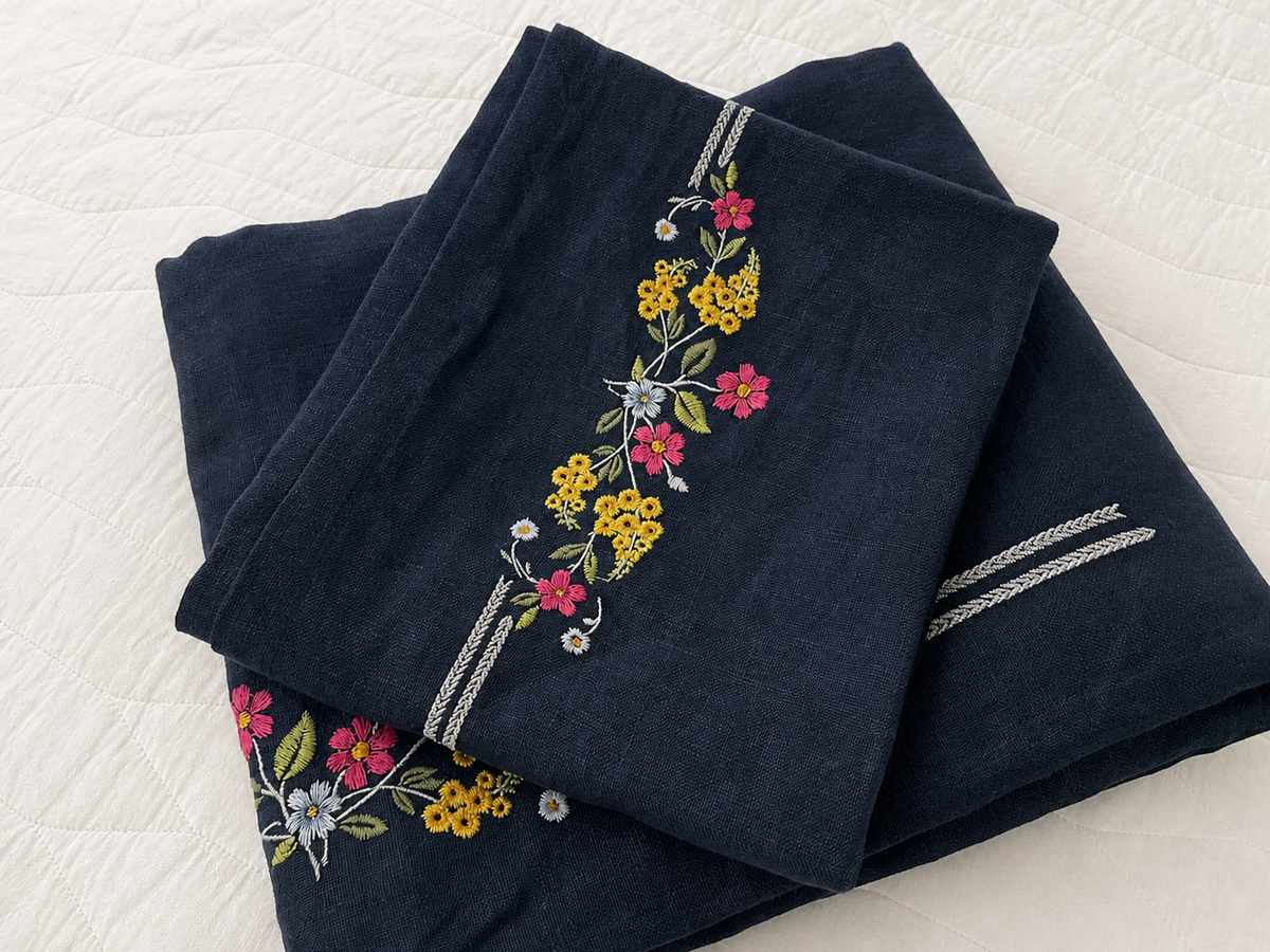 Folded deep navy bed linens with multicolor floral embroidery on white quilted bedding