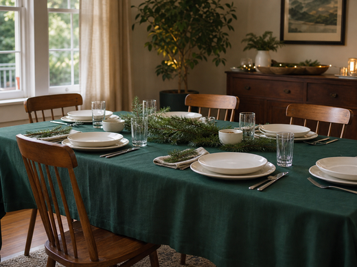 Green holiday tablecloth set with white dinnerware and simple evergreen branches
