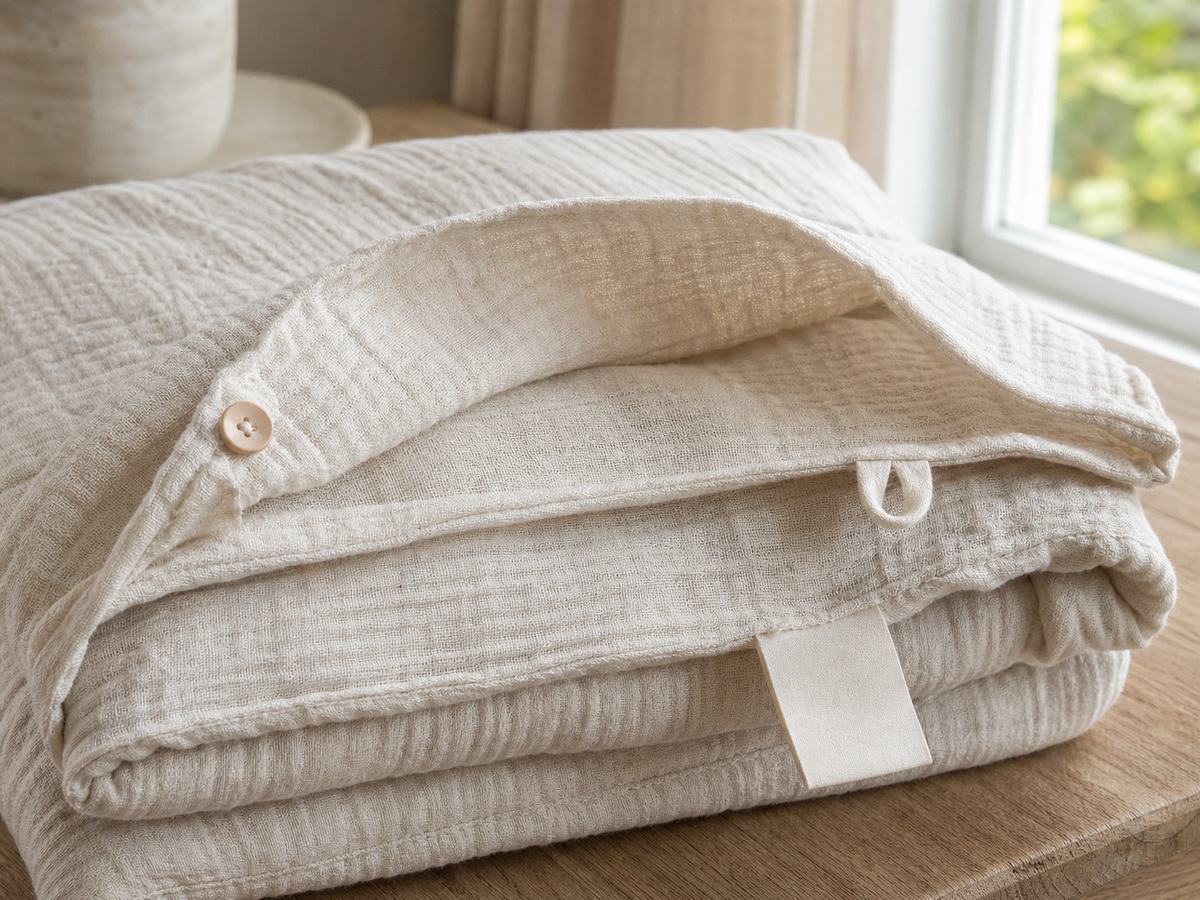 Folded crinkled gauze bedding with a button-and-loop closure and blank fabric tag