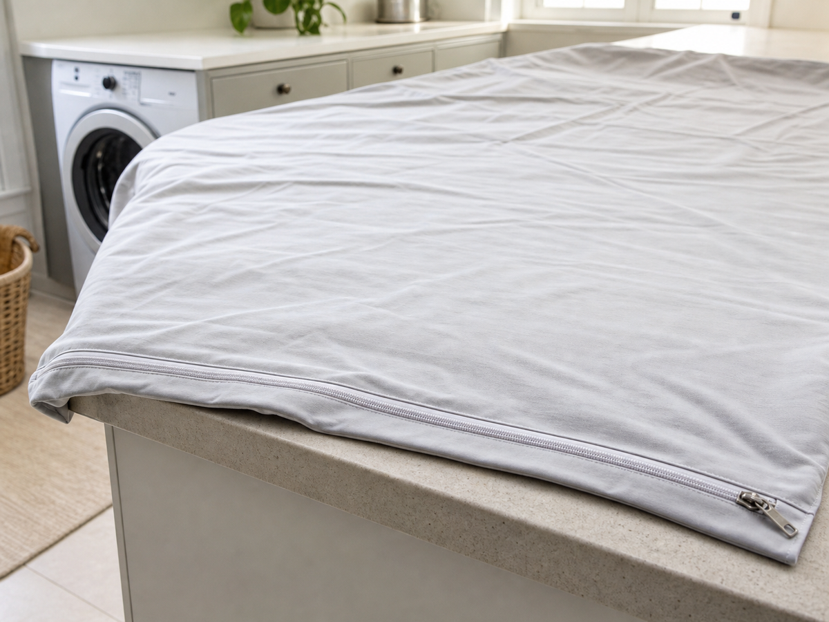 Fully closed duvet cover zipper on a laundry counter with a washing machine in the background
