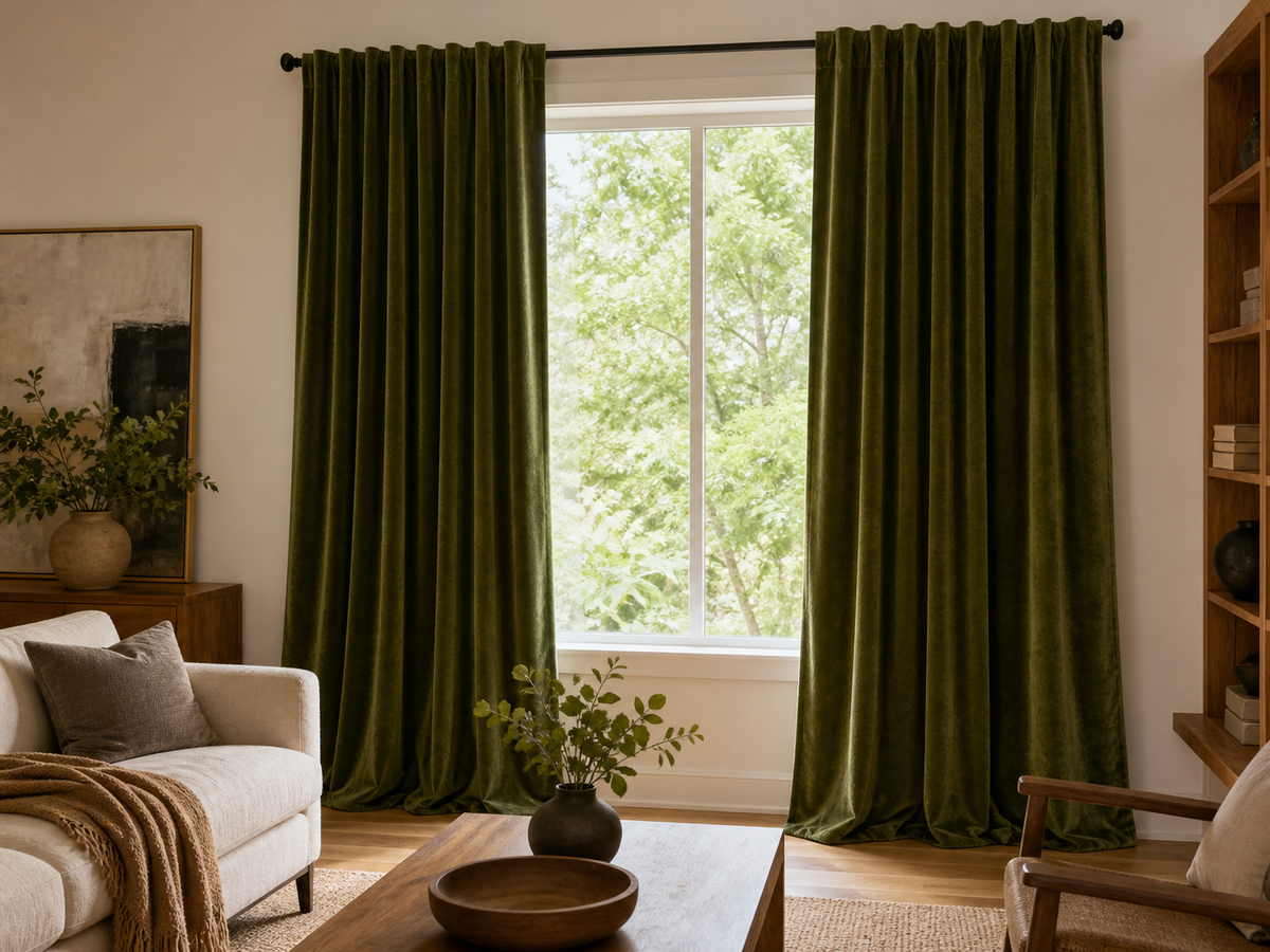 Deep olive solid velvet curtains framing a bright living room window
