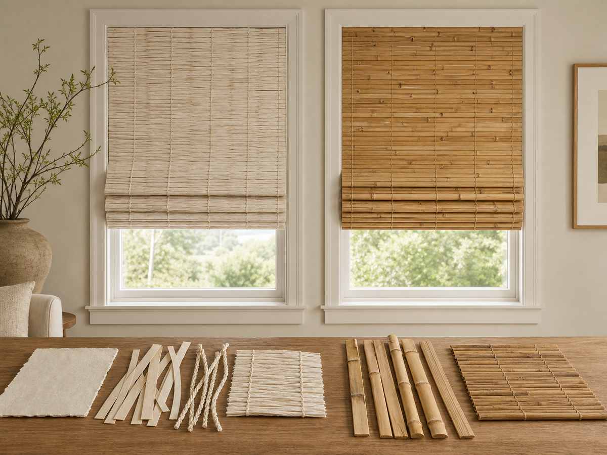 Pale paper-blend Roman shade beside a natural bamboo Roman shade with matching material samples