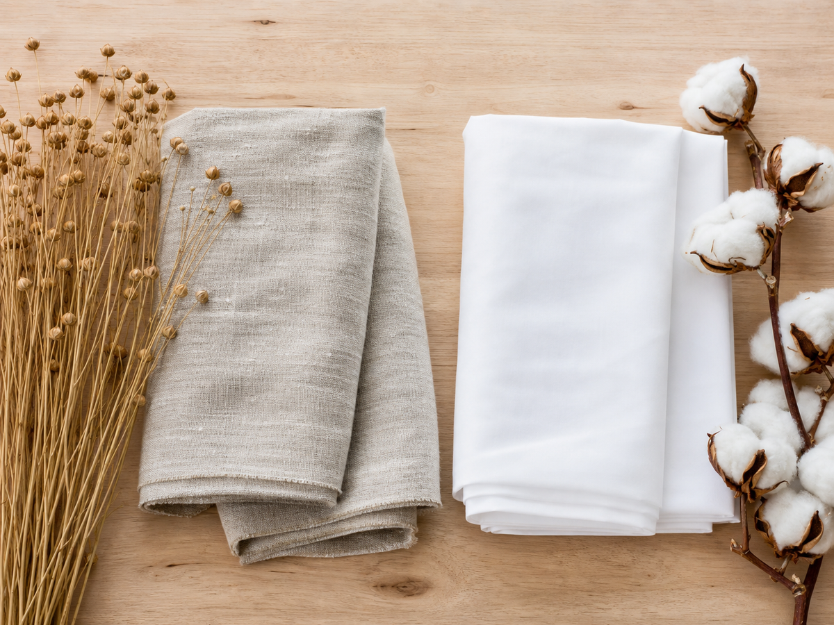 Flax stems and textured linen fabric beside cotton bolls and smooth cotton fabric