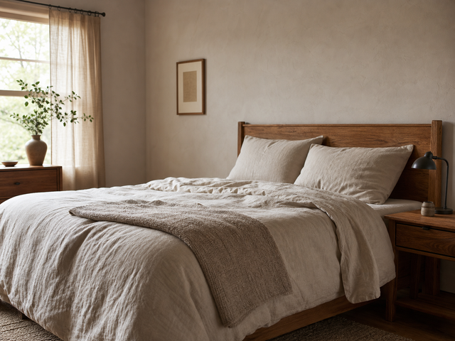 Cozy bedroom with oatmeal-toned textured bedding, warm wood, and a folded blanket