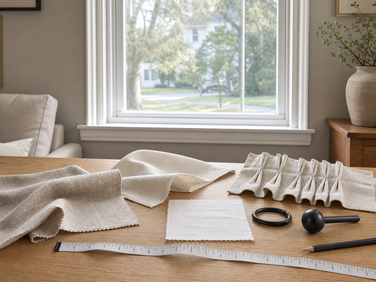 Curtain fabric swatches, a pleated header sample, hardware pieces, tape measure, and pencil on a table beside a window