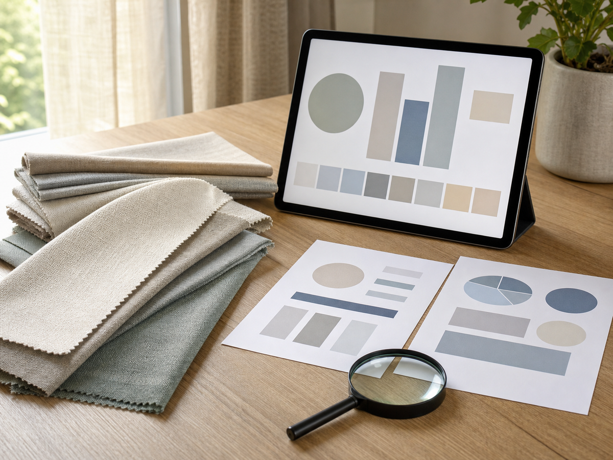 Curtain fabric swatches beside blank charts and a magnifying glass for reviewing VOC claims