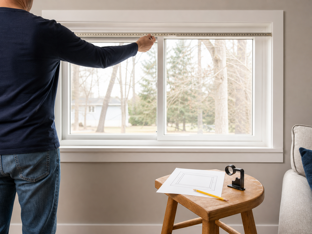 Tape measure, pencil, and curtain hardware plan beside a North American living room window