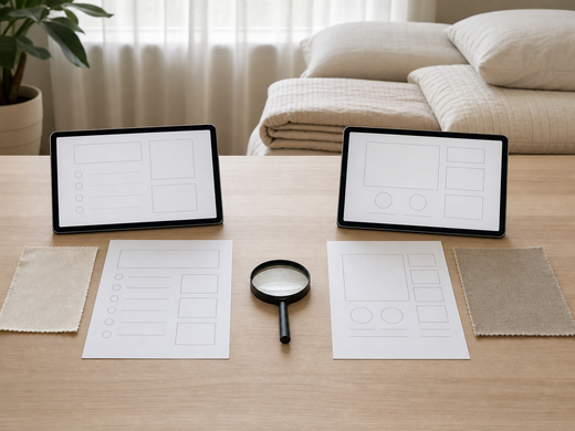 Two blank textile certification review forms beside bedding swatches and a magnifying glass