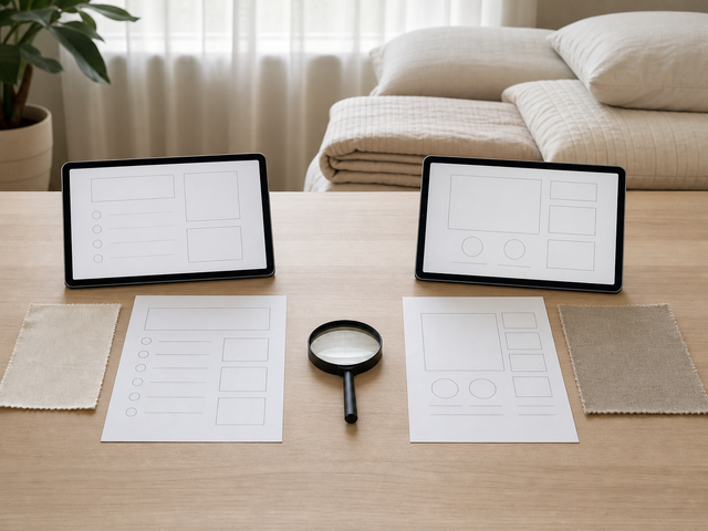 Two blank textile certification review forms beside bedding swatches and a magnifying glass