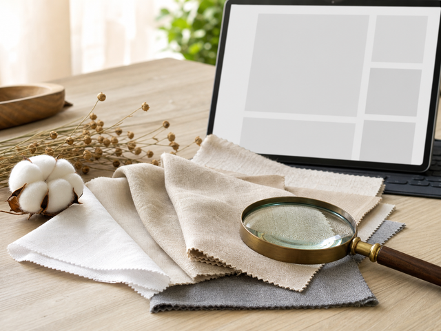 Neutral bedding fabric swatches beside cotton, flax, a magnifying glass, and a blank product page
