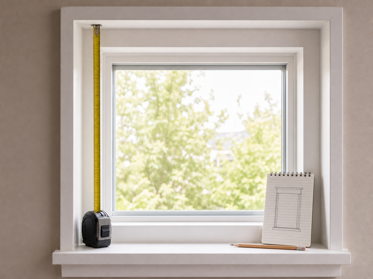 Tape measure and notepad beside a clean window frame prepared for a Roman shade