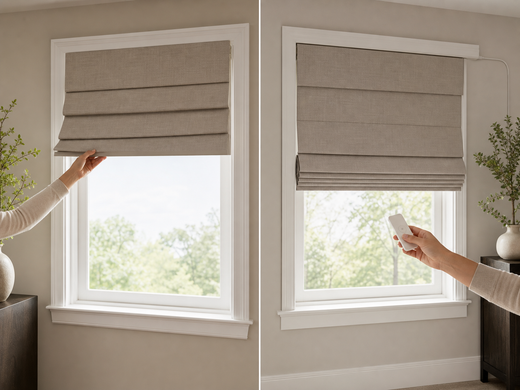 A cordless Roman shade lifted by hand beside a motorized Roman shade operated with an unbranded remote