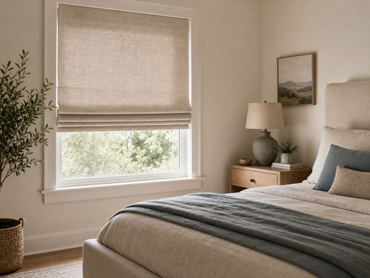 Fabric Roman shade covering a bedroom window beside a neutral upholstered bed