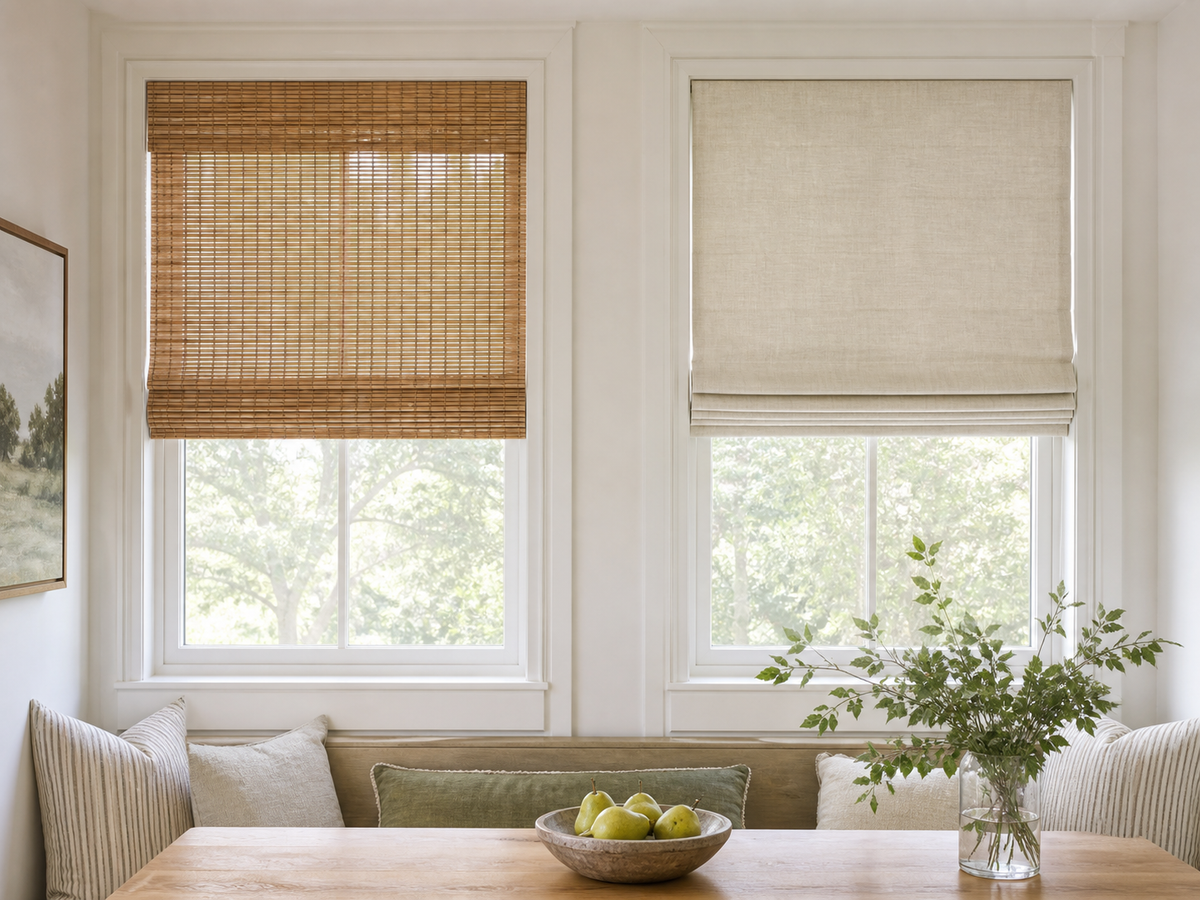 Woven bamboo shade and neutral fabric Roman shade shown in comparable bright rooms