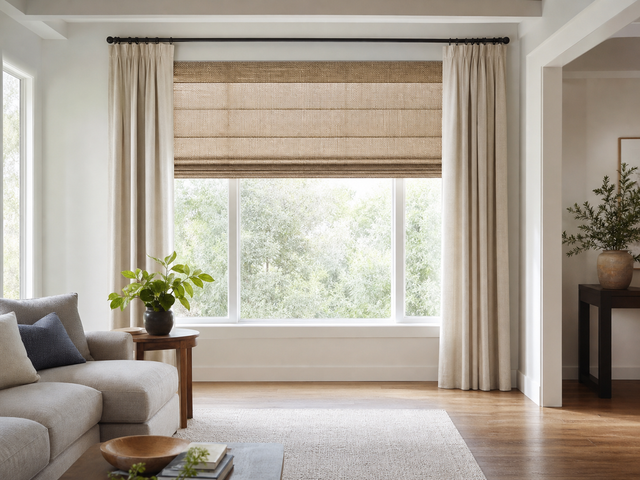Living room window with woven Roman shades and softly framed curtain panels