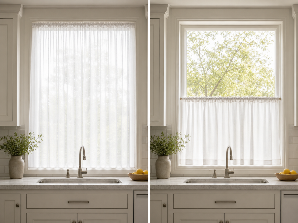 Full-window sheer curtain beside a lower-half cafe curtain on matching kitchen windows