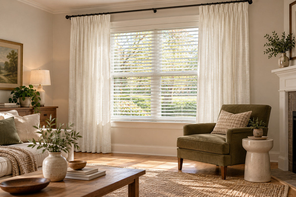 Ivory textured curtains framing an existing white blind in a warm living room