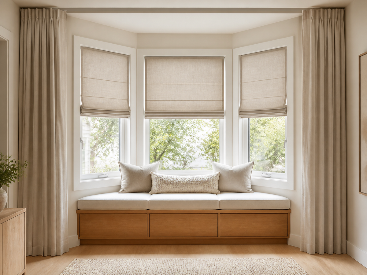 Three neutral Roman shades with outer curtain panels on a three-sided bay window