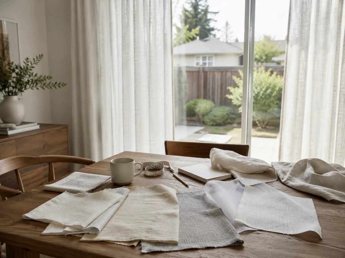 Neutral fabric samples laid out on a table beside a sunlit window
