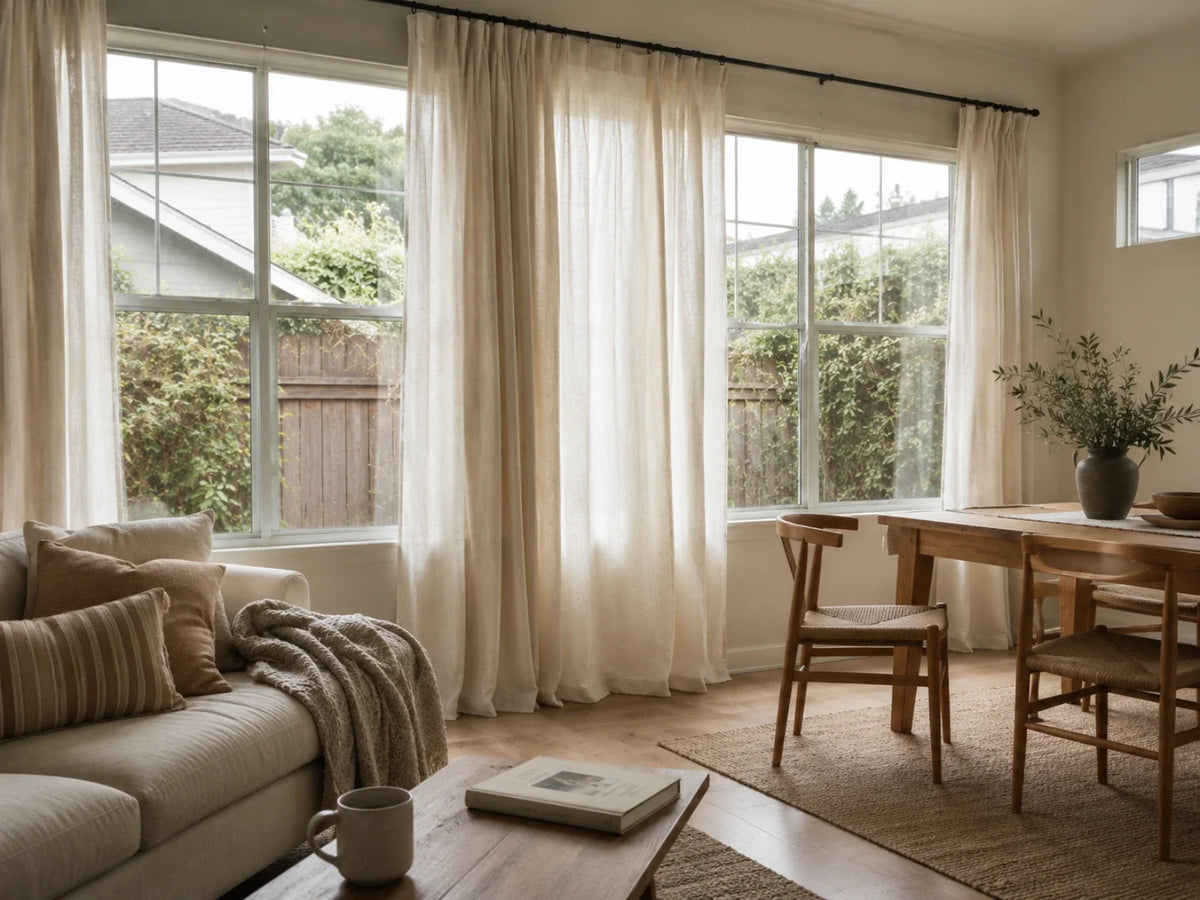 Floor-length neutral textured curtains in a bright open-plan living and dining room
