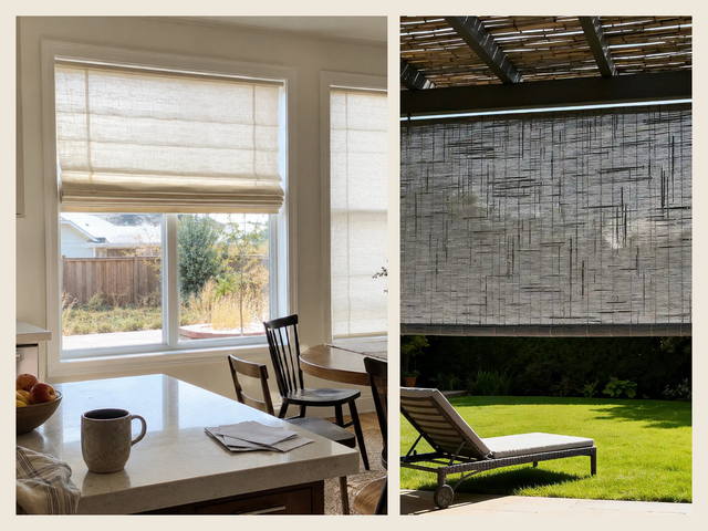 Bamboo roman shades shown in kitchen and patio settings for natural light control