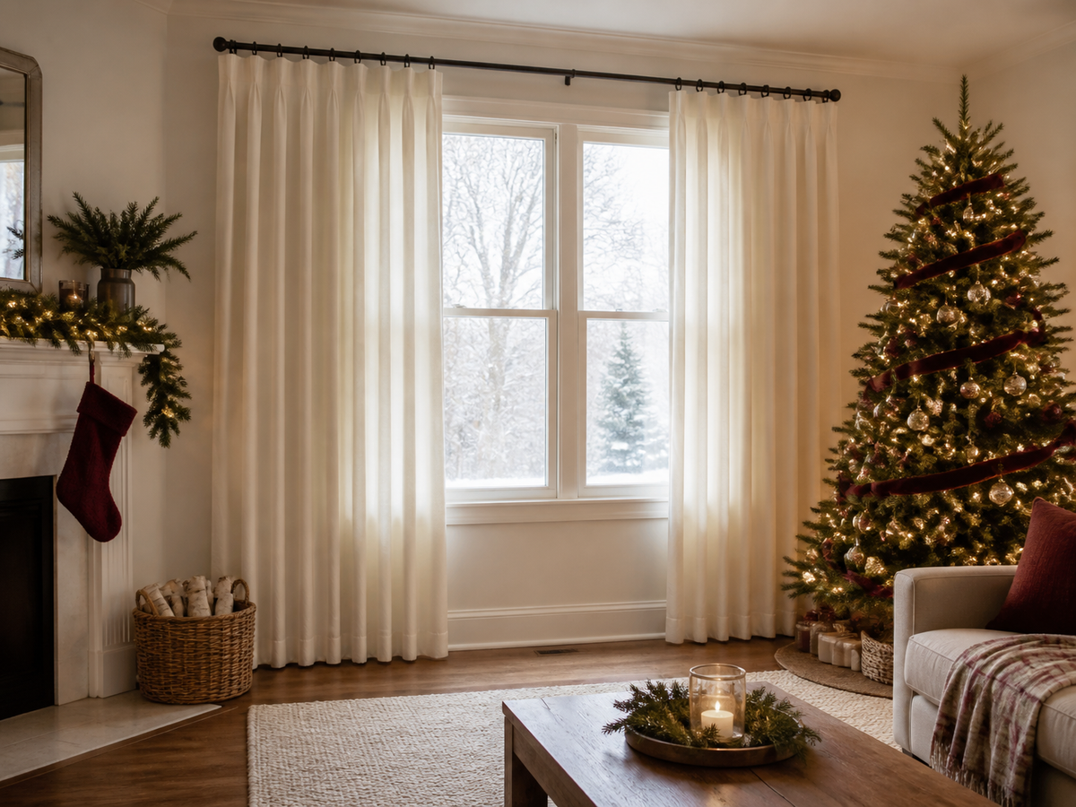 Cream curtains framing a Christmas living room with an evergreen tree, burgundy accents, and warm white lights