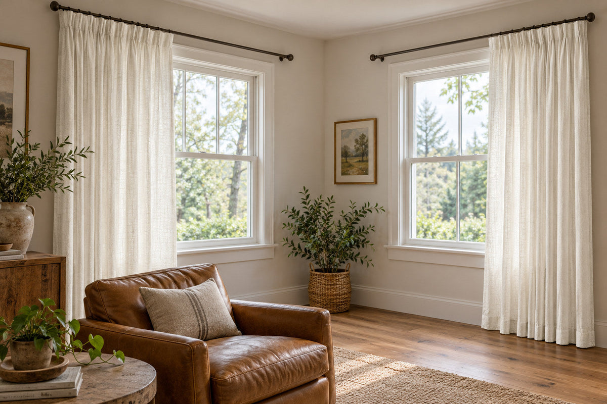 Ivory curtains on two adjacent window walls with the open panels gathered away from the corner