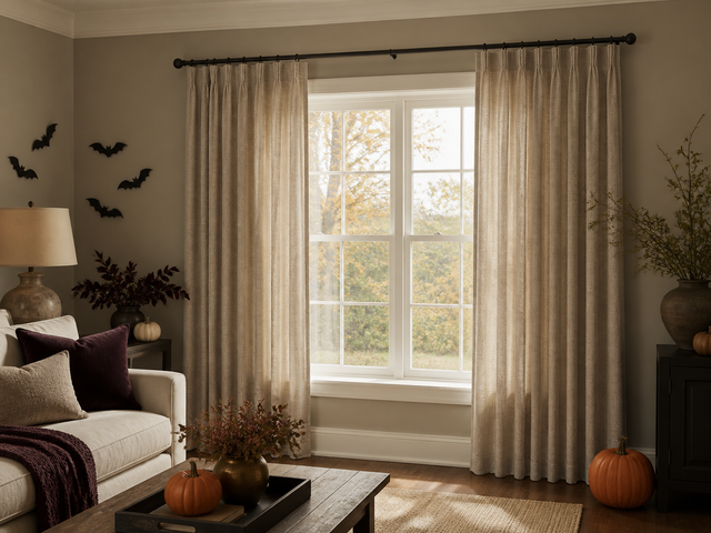 Cream curtains framing an adult living room with paper bats, pumpkins, and deep plum accents for Halloween