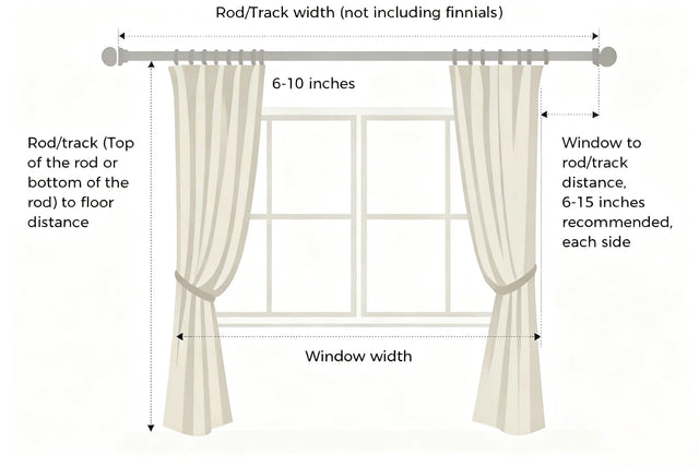 Curtain measuring diagram showing rod width, window width, and rod to floor distance
