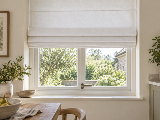 Illustrative white Roman shade above a casement handle with visible clearance