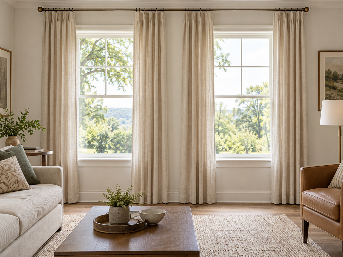 Illustrative adjacent windows with coordinated curtains on a continuous rod