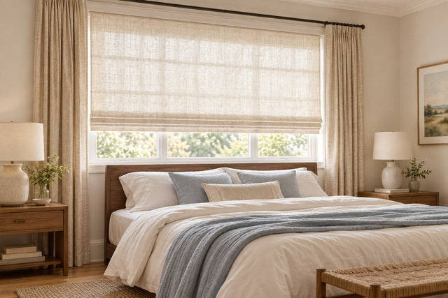 A bedroom with a low headboard beneath a Roman shade and beige curtains kept beside the window