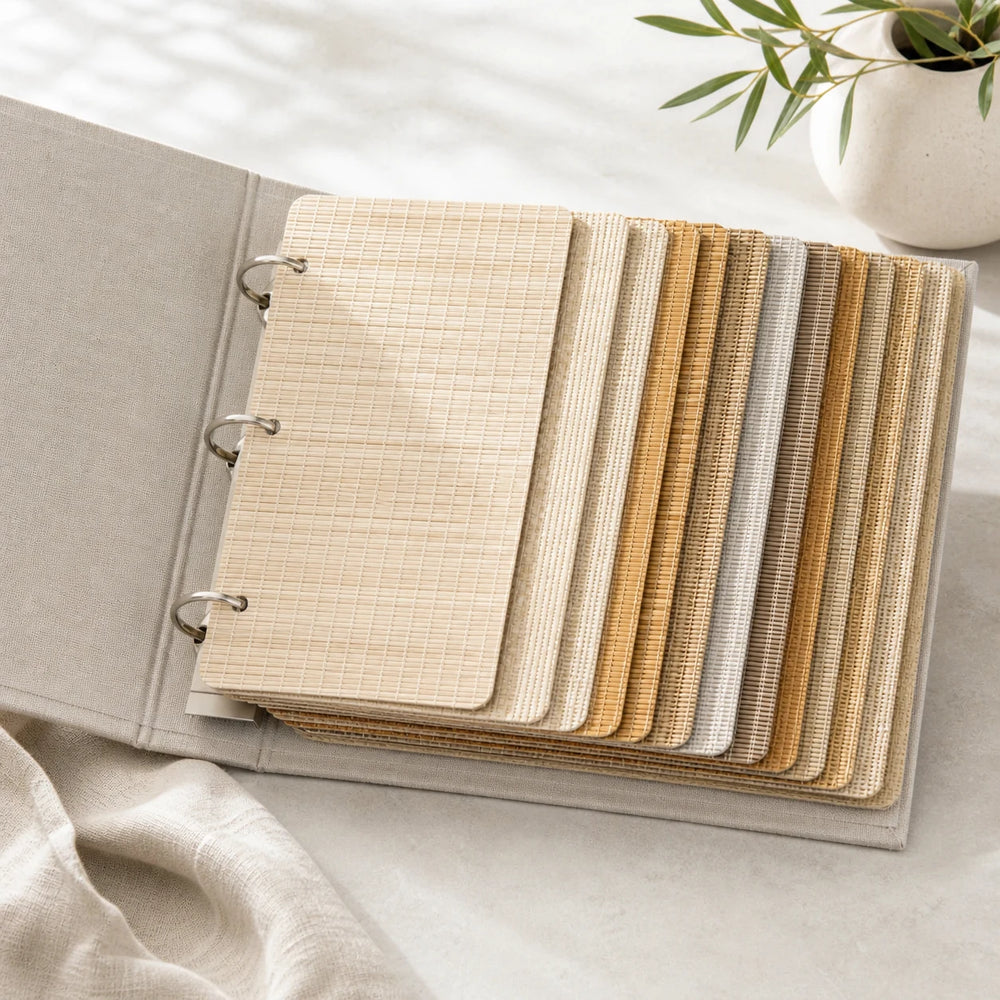 Ramie Bamboo Shade Sample Book - woven material swatches in natural ramie, jute, bamboo, and linen tones