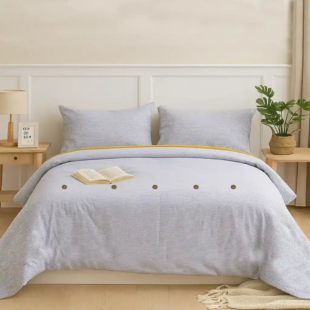 Blue and White Striped Contrast Button Duvet Cover - Fredesigner