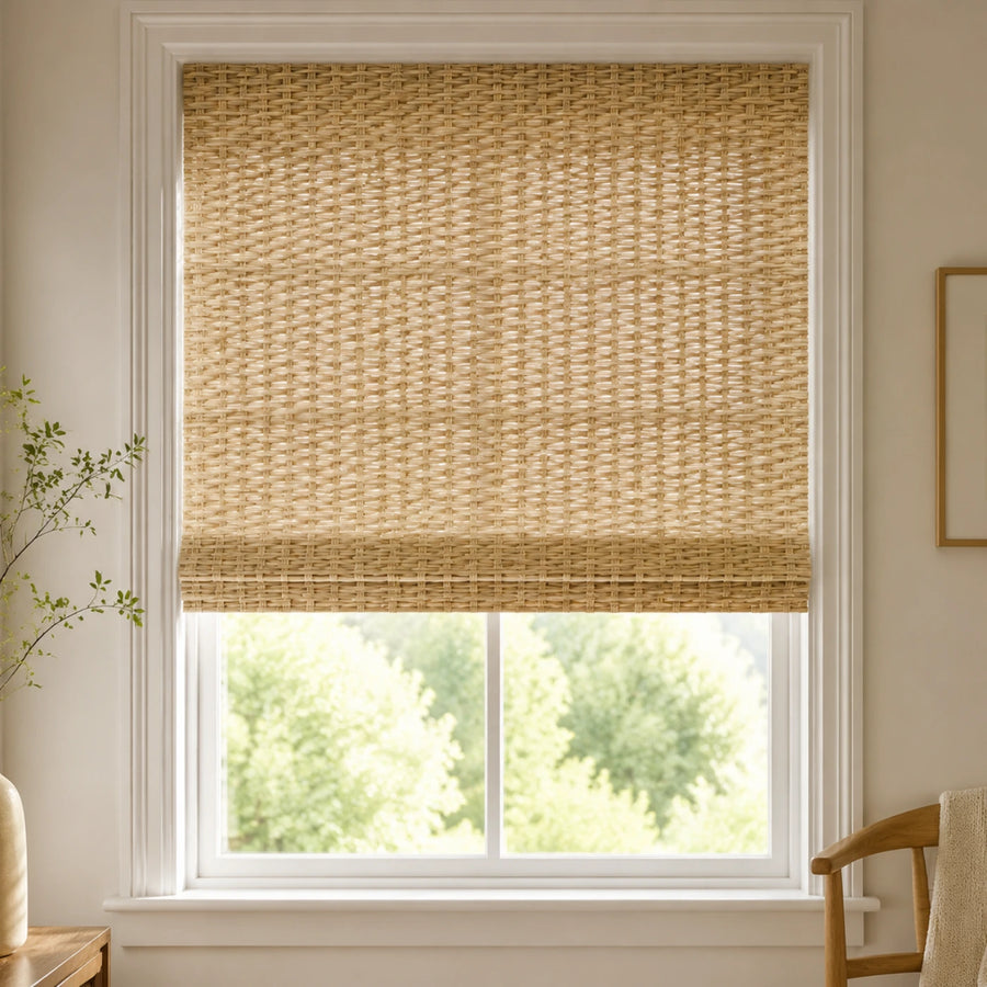 Custom Natural Motorized Bamboo Shades and Blinds - front room light filtering