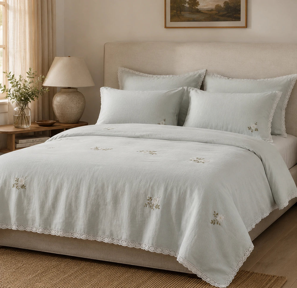 100% Linen Custom Embroidery Comforter Set with Lace Edge - Fredesigner