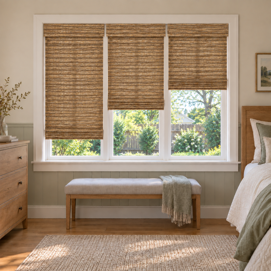 Custom Solenne 3 Shades on 1 Headrail Bamboo Shades - Pecan H11-1 - 3 independently raised panels in a bedroom