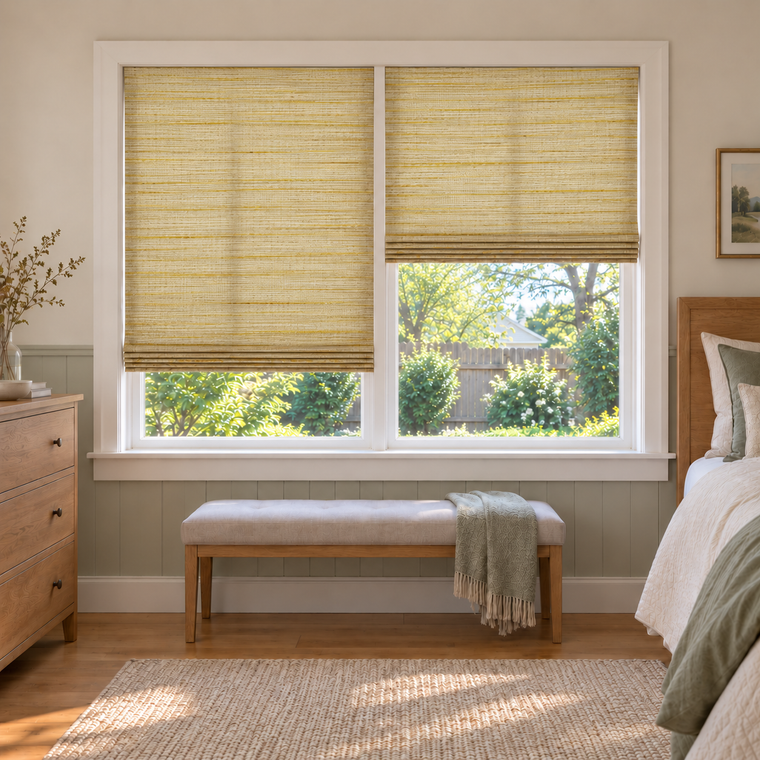 Custom Natural 2 Shades on 1 Headrail Bamboo Shades - Oatmeal Yellow NU-01 - 2 independently raised panels in a bedroom