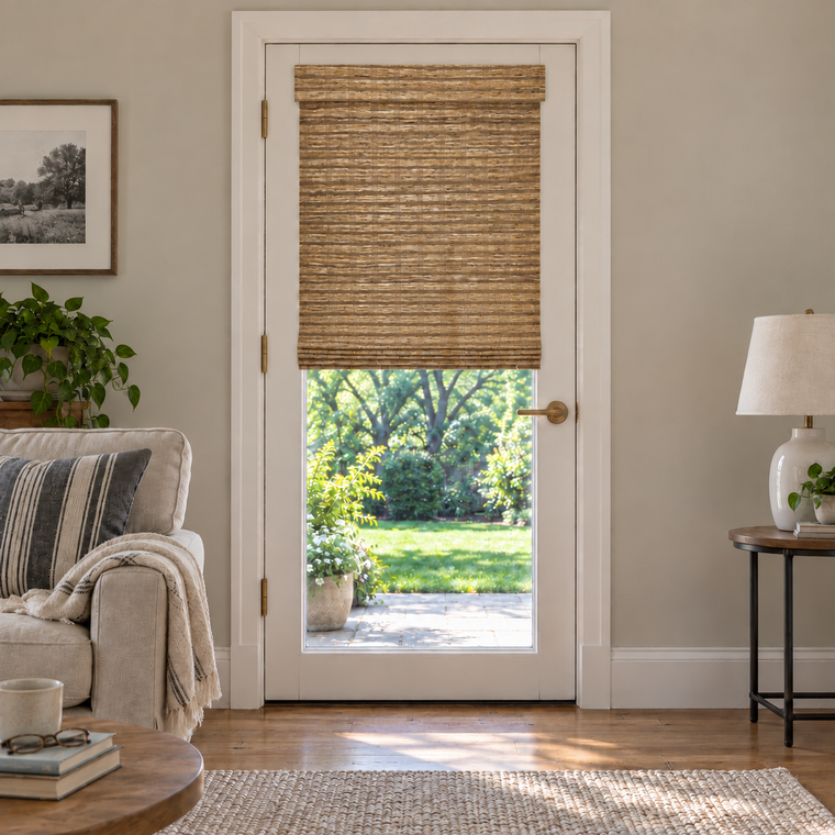 Custom Solenne French Door Bamboo Shades - Pecan H11-1 browser generated product photo by Fredesigner