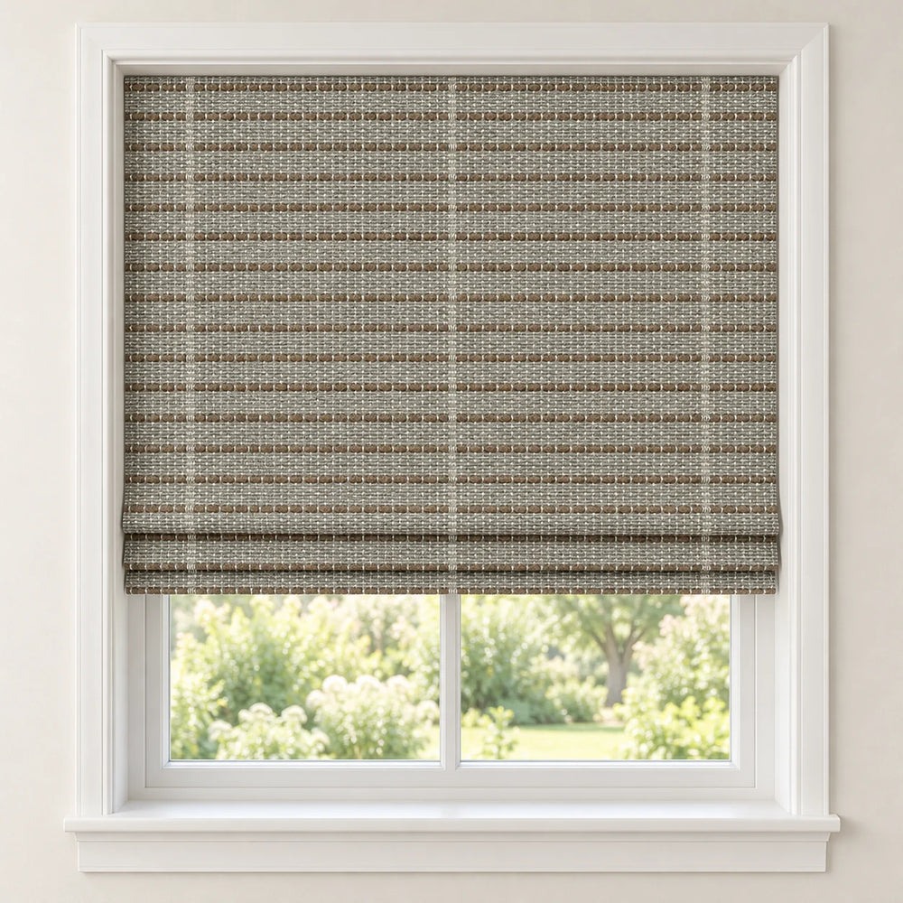 Silver Taupe woven Roman shade D1303 mounted inside a white window frame