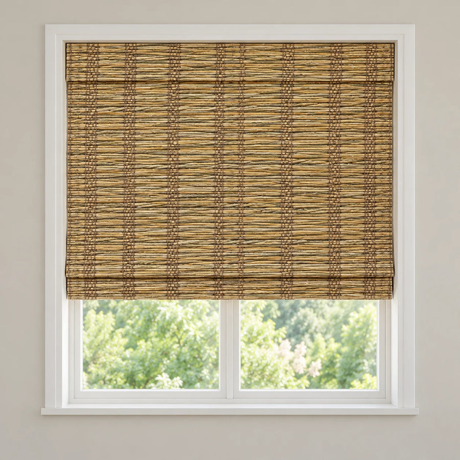 Golden Straw woven Roman shade D833 mounted inside a white window frame