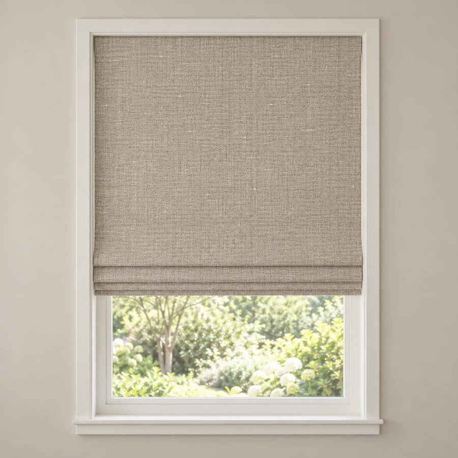Beige Gray woven Roman shade DU04 mounted inside a white window frame