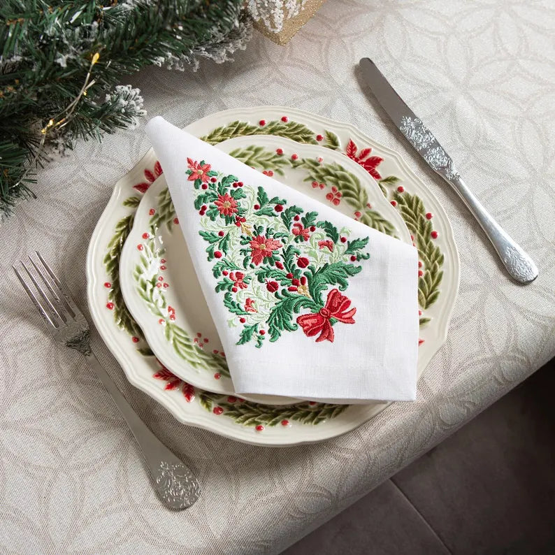 100% Linen Christmas Napkin With Custom Embroidery - Fredesigner