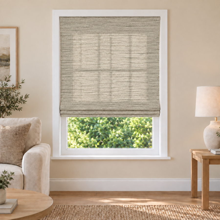 Fredesigner NU07 woven shade in a furnished American living room