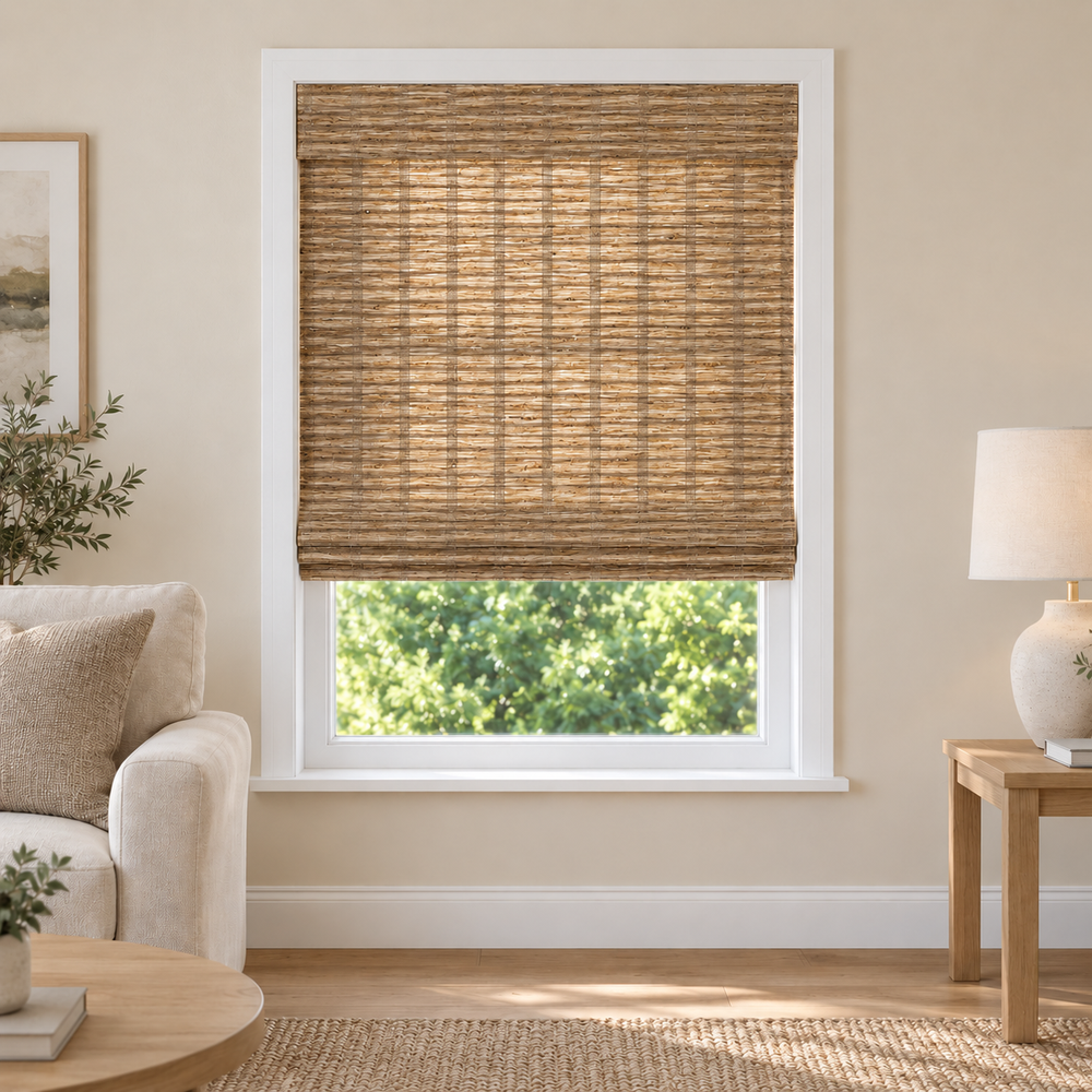 Pecan H11-1 woven bamboo and jute shade with front valance in a furnished American living room