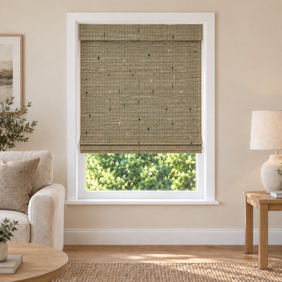 Orelle Edit M2023 woven shade in a furnished American living room