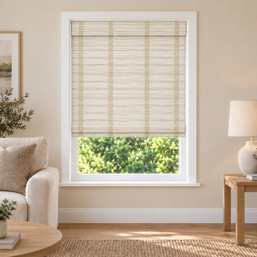 Orelle Edit DC0101 woven shade in a furnished American living room